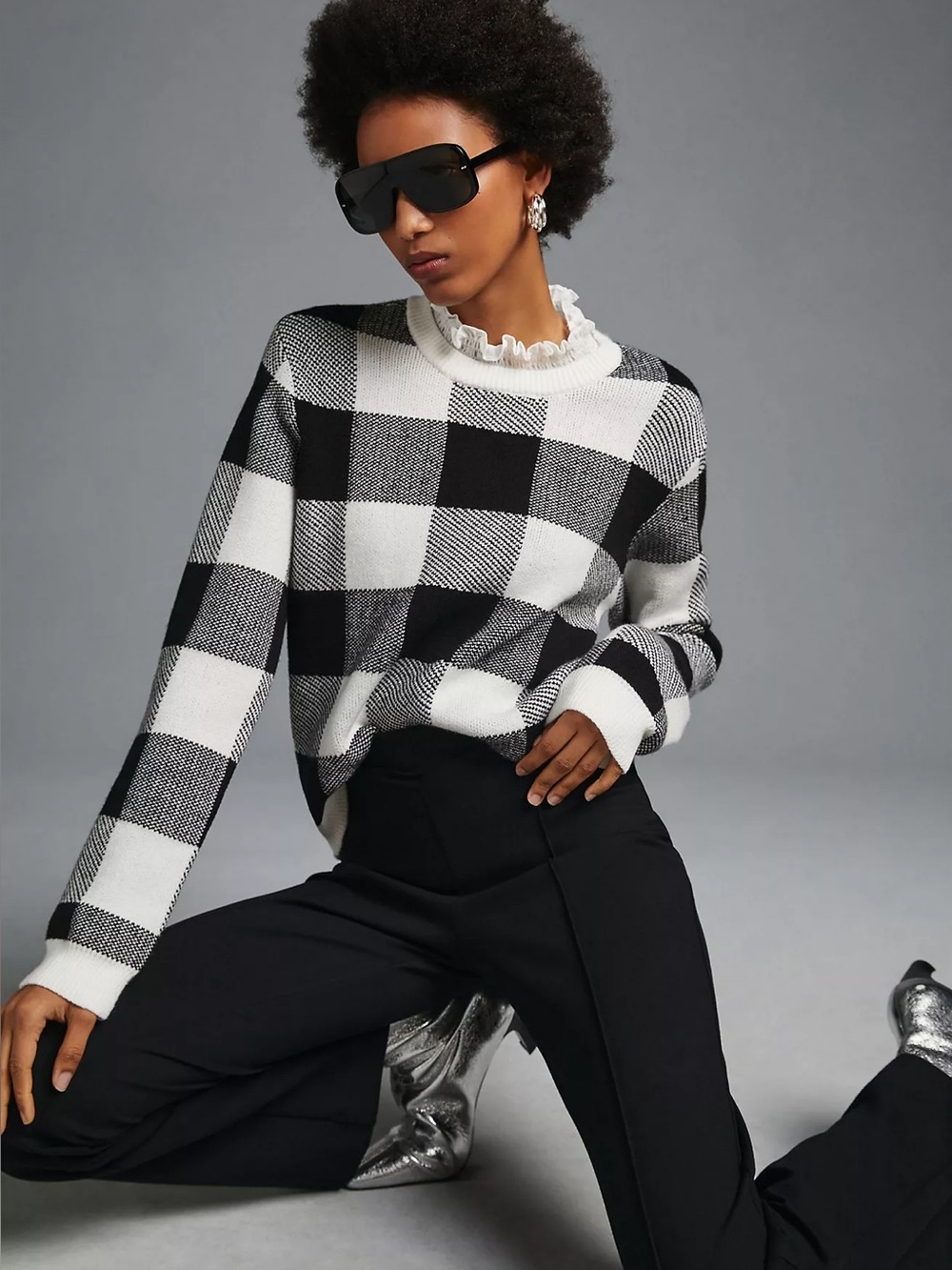 Anthropologie Plaid Ruffle Collar Pullover Black/White